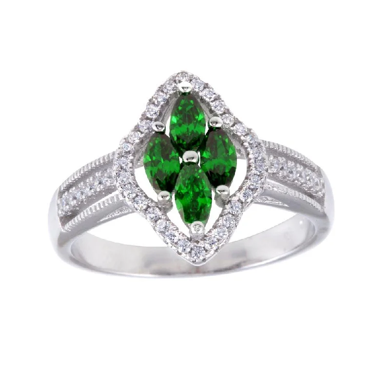 Ladies rings girlfriend surprises-Rhodium Plated 925 Sterling Silver 4 Green Marquise Center CZ Ring - BGR01253GRN