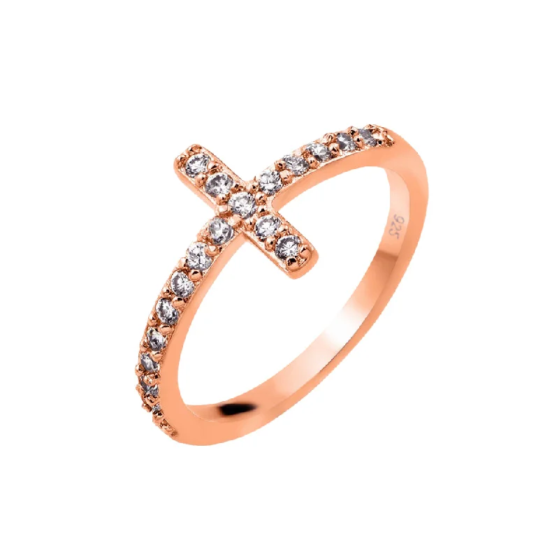 Ladies rings European flair-Silver 925 Rose Gold Plated Clear CZ Cross Ring - BGR00783RGP