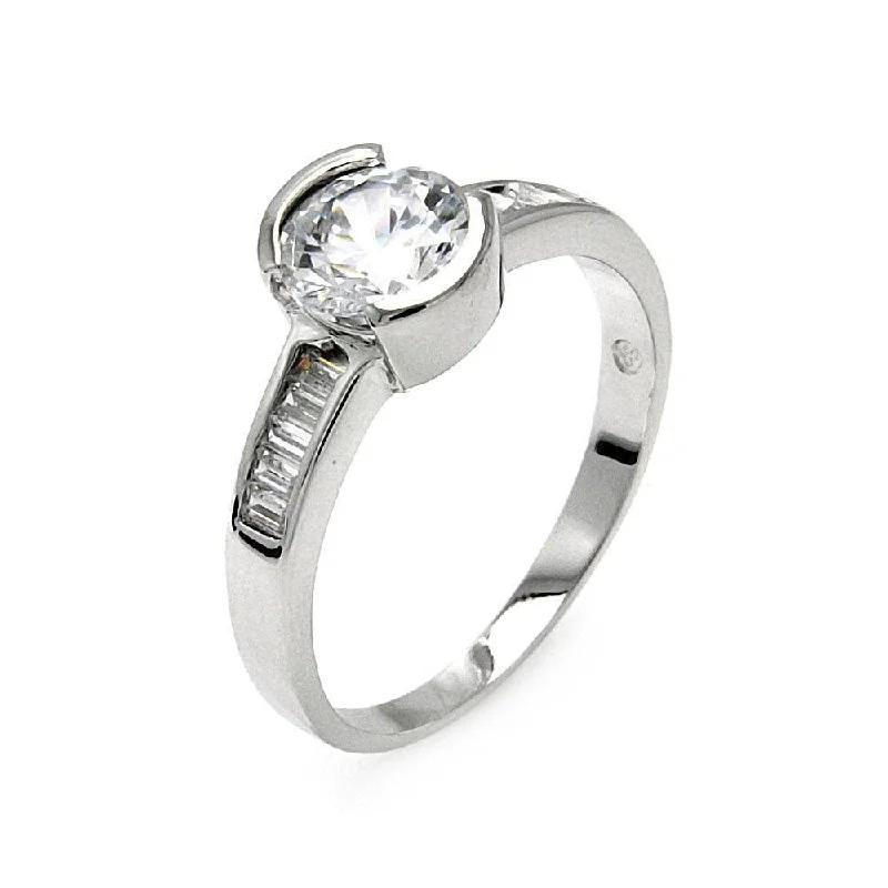 Ladies rings Valentine’s Day-Silver 925 Rhodium Plated Clear Round Center and Baguette CZ Bridal Ring - BGR00549