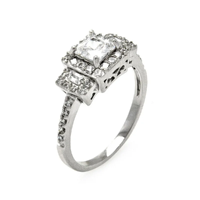 Ladies rings gift choices-Silver 925 Rhodium Plated Clear Square Center Baguette Round Cluster CZ Bridal Ring - BGR00471