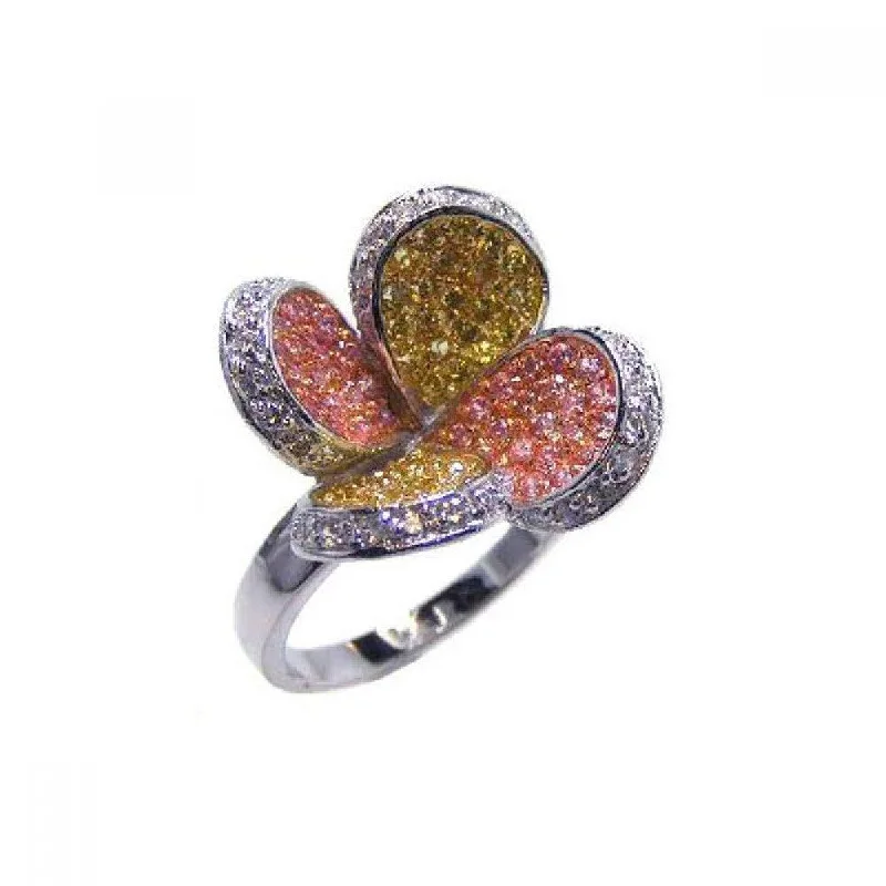 Ladies rings celebrity styles-Clearance-925 Sterling Silver Three Toned Multi-Color CZ Flower Ring - BGR00040