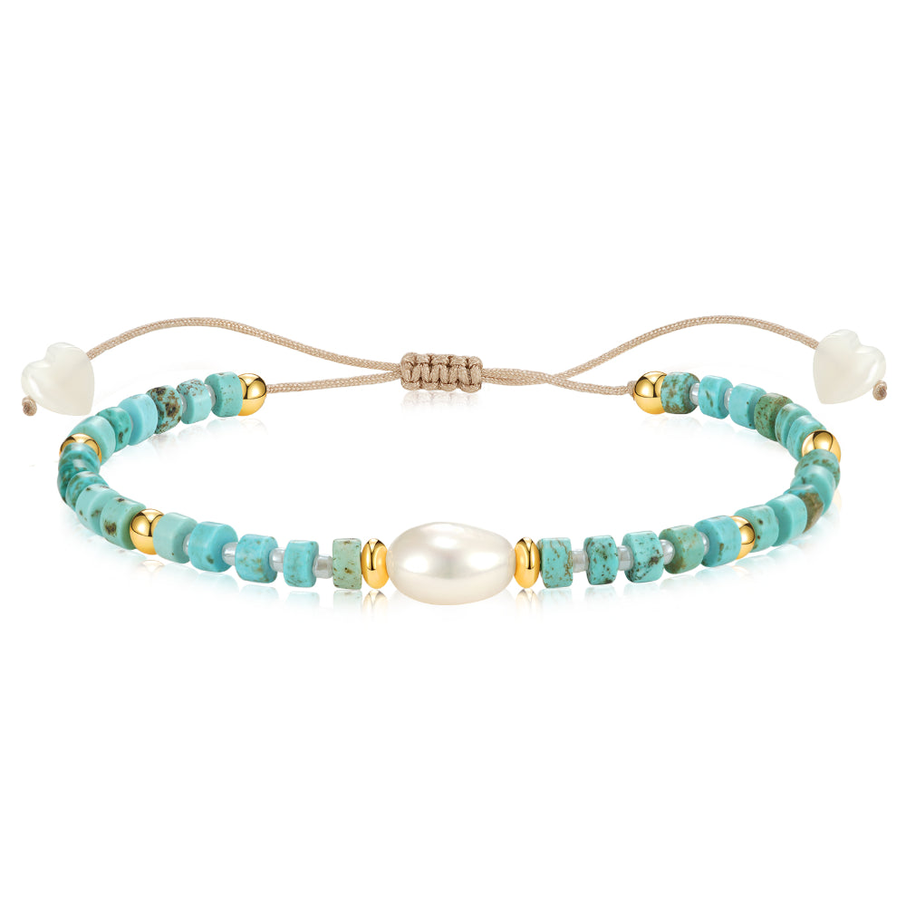 Ladies bracelets white gold-Adjustable Healing Crystal Bracelet Natural Turquoise Gemstones Beads with Irregular Pearl