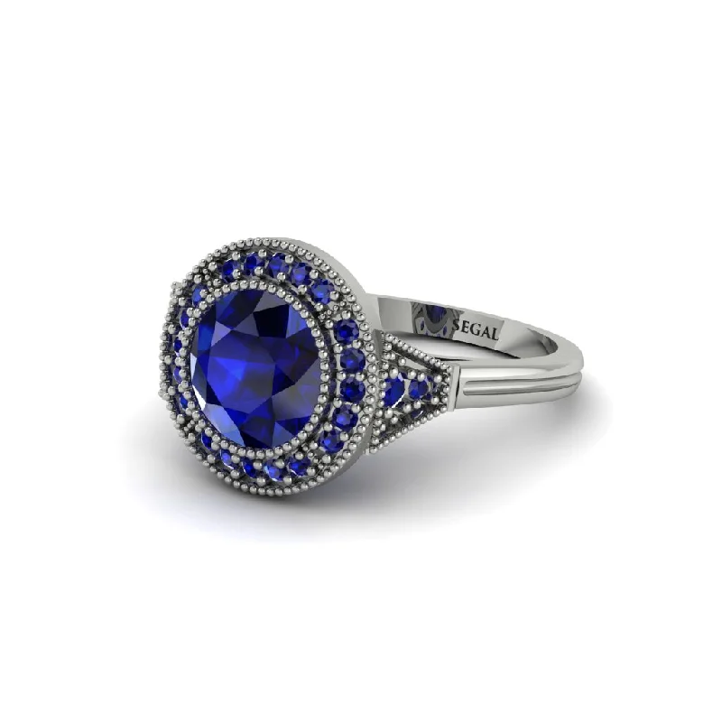 Ladies engagement rings European charm-Round Cut Sapphire Milgrain Halo Engagement Ring - Maggie No. 75