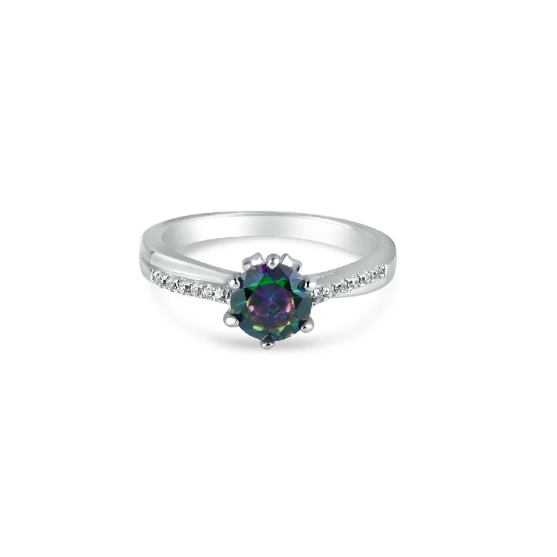 Ladies rings collectible items-Rhodium Plated 925 Sterling Silver Round Mystic Topaz CZ Ring - BGR01264