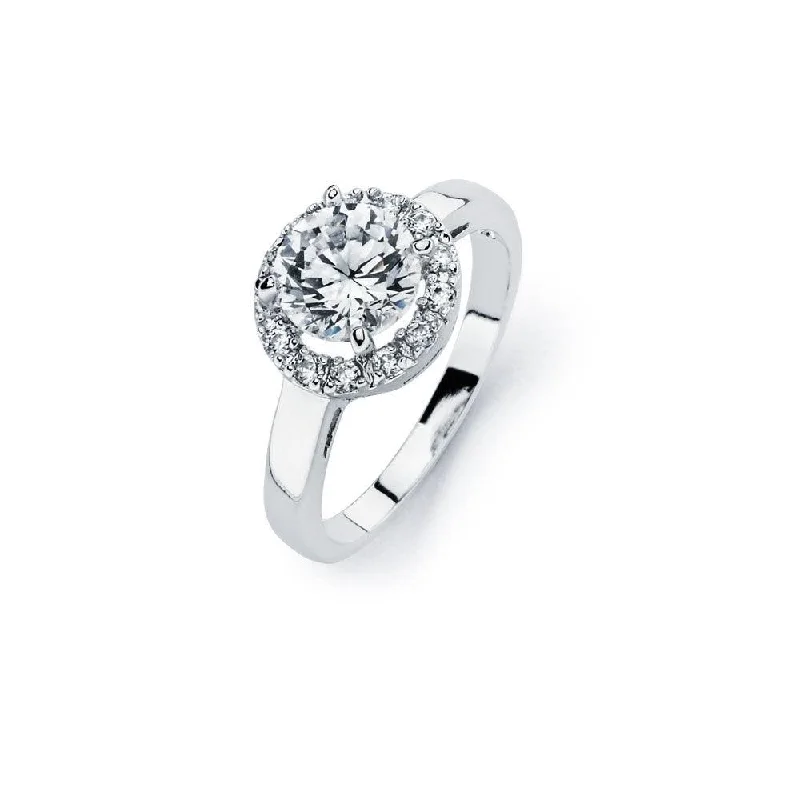 Ladies rings pinky styles-Silver 925 Rhodium Plated Clear Round Center Cluster CZ Bridal Ring - BGR00720