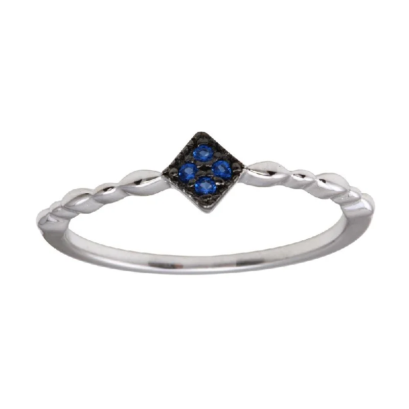 Ladies rings buying tips-Rhodium Plated 925 Sterling Silver Diamond Shape 4 Blue CZ Ring - BGR01226BLU