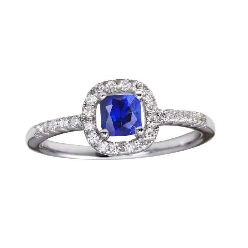 Ladies rings 2025 trends-Rhodium Plated 925 Sterling Silver Square Clear and Blue CZ Center Stone Ring - BGR01222BLU