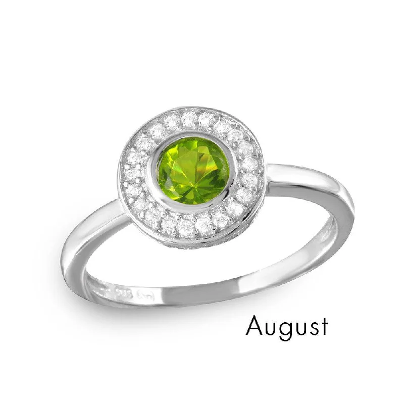 Ladies rings size guide-August Sterling Silver 925 Rhodium Plated CZ Center Birthstone Halo Ring - BGR01082AUG