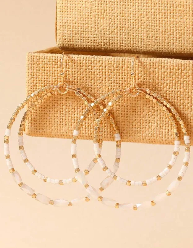 Ladies rings natural gems-White and Gold Beaded Double Circle Earrings