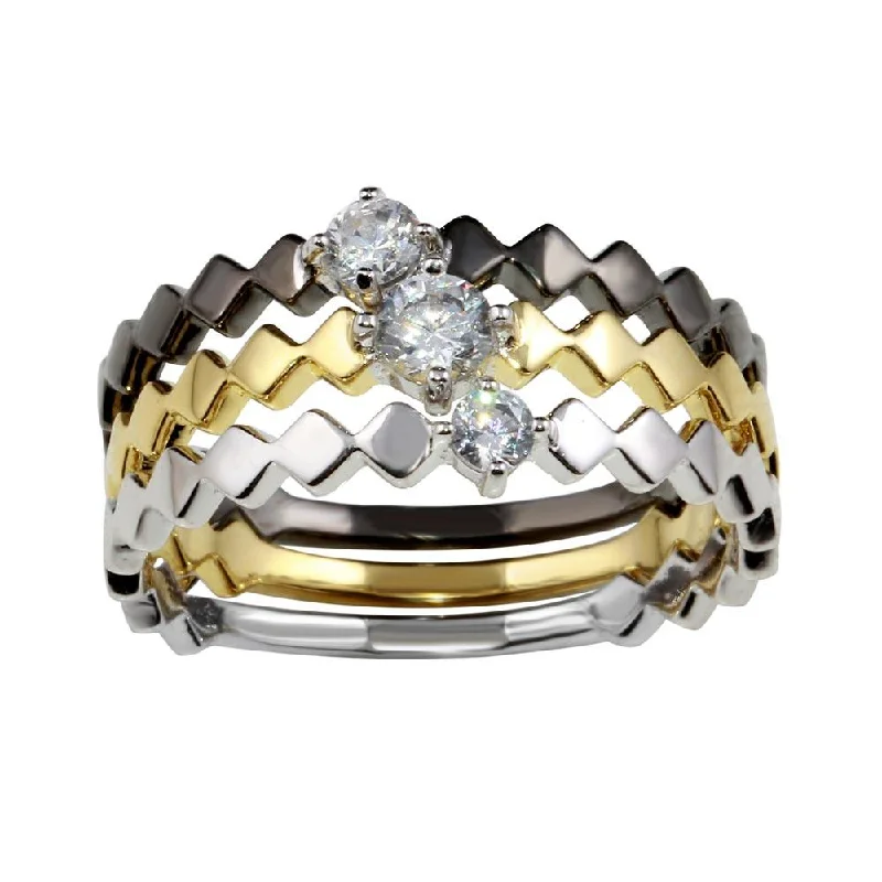 Ladies rings ring finger-Three-Tone 925 Sterling Silver Stackable Ring Set with CZ - BGR01171