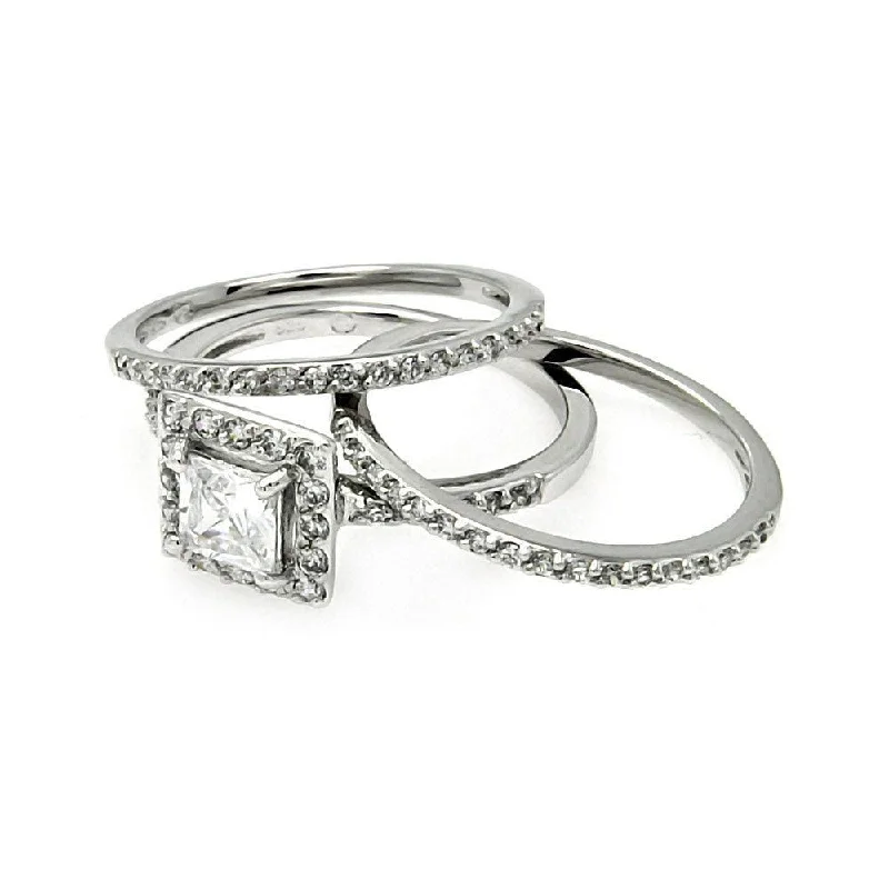 Ladies rings star accents-Silver 925 Rhodium Plated Square Clear CZ Stackable Bridal Ring Set - BGR00451