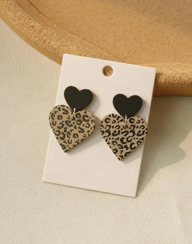 Ladies rings Christmas designs-Leopard Print Heart Stud Drop Earrings