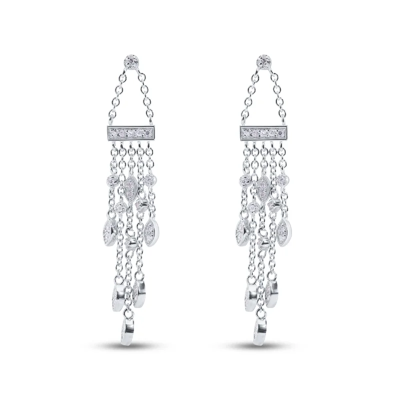 Ladies rings ruby gems-Clearance-Silver 925 Rhodium Plated Marquis CZ Wire Dangling Chandelier Earrings - STE00438