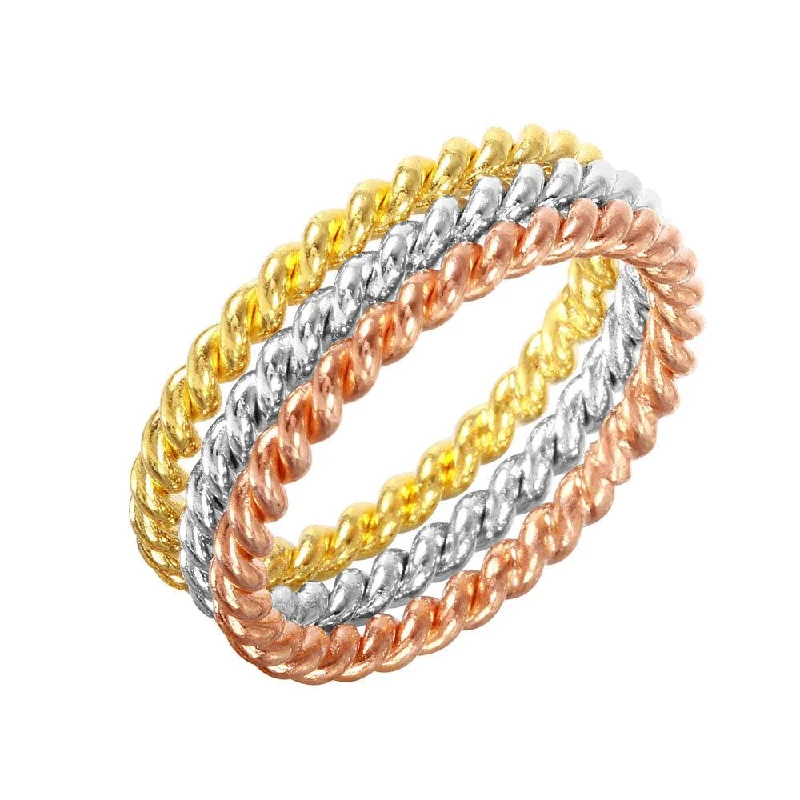 Ladies rings modern styles-Silver 925 Rhodium, Gold, and Rose Gold Plated Stackable Rope Ring - STR00293