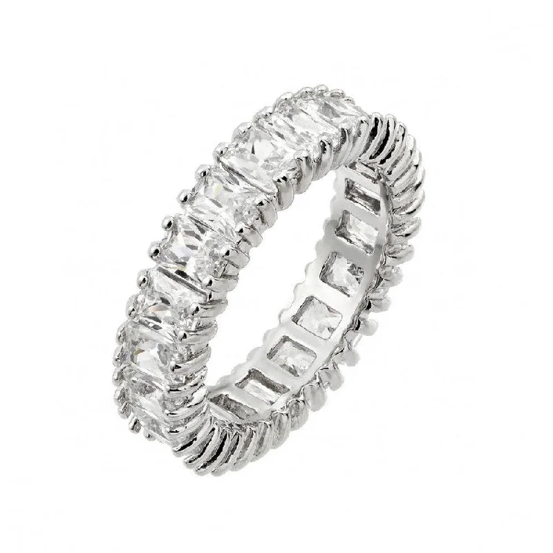 Ladies rings minimalist charm-Silver 925 Rhodium Plated Clear Rectangular CZ Eternity Ring - BGR00849