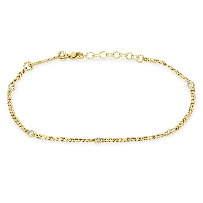 Ladies bracelets star motifs-14k Extra Small Curb Chain Bracelet with 5 Floating Diamonds