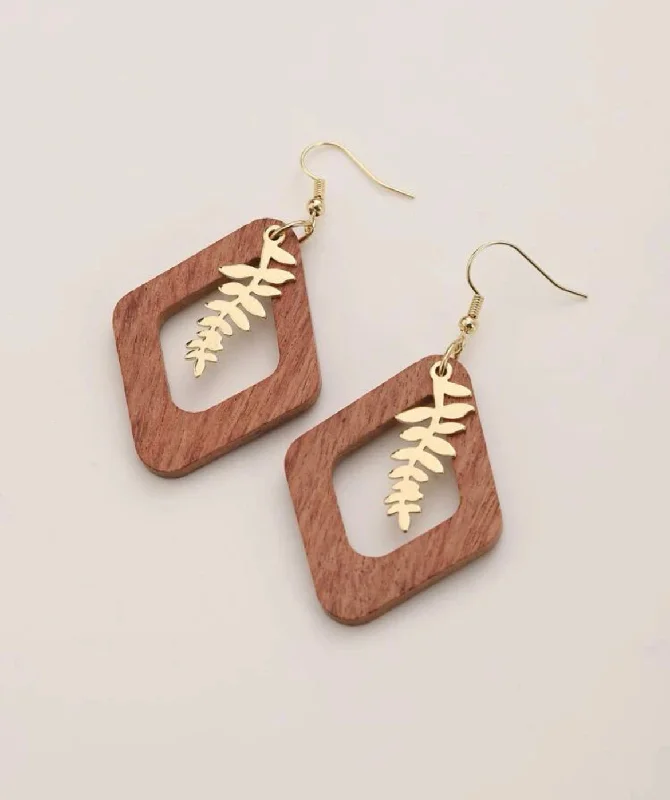 Ladies rings collectible items-Beautiful Leaf and Wooden Geometric Drop Earrings