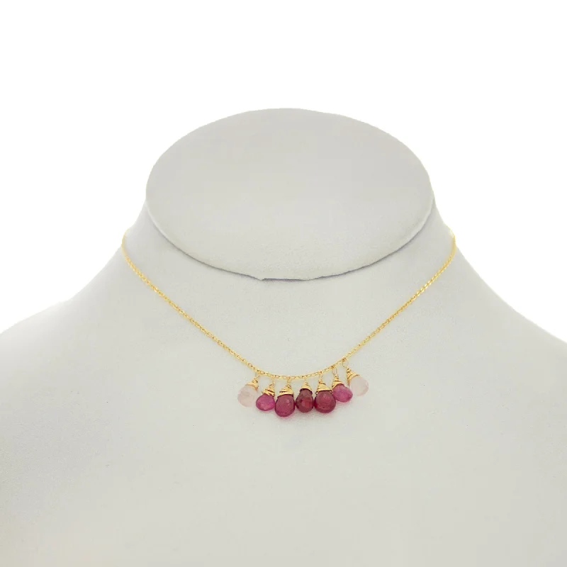 French Pink -Ruby, Pink Topaz, Rose Quartz Drops Dangle Necklace