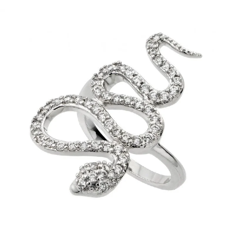 Ladies rings colorful stones-Silver 925 Rhodium Plated Clear CZ Snake Ring - BGR00846