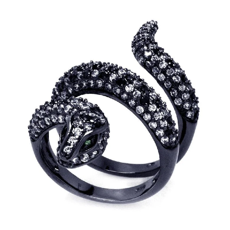 Ladies rings luxury picks-Clearance-Silver 925 Black Rhodium Plated Black and Clear CZ Snake Wrap Ring - BGR00317