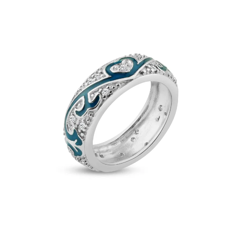 Ladies rings open patterns-Silver 925 Rhodium Plated Blue Enamel Pave Set CZ Eternity Ring - STR00522