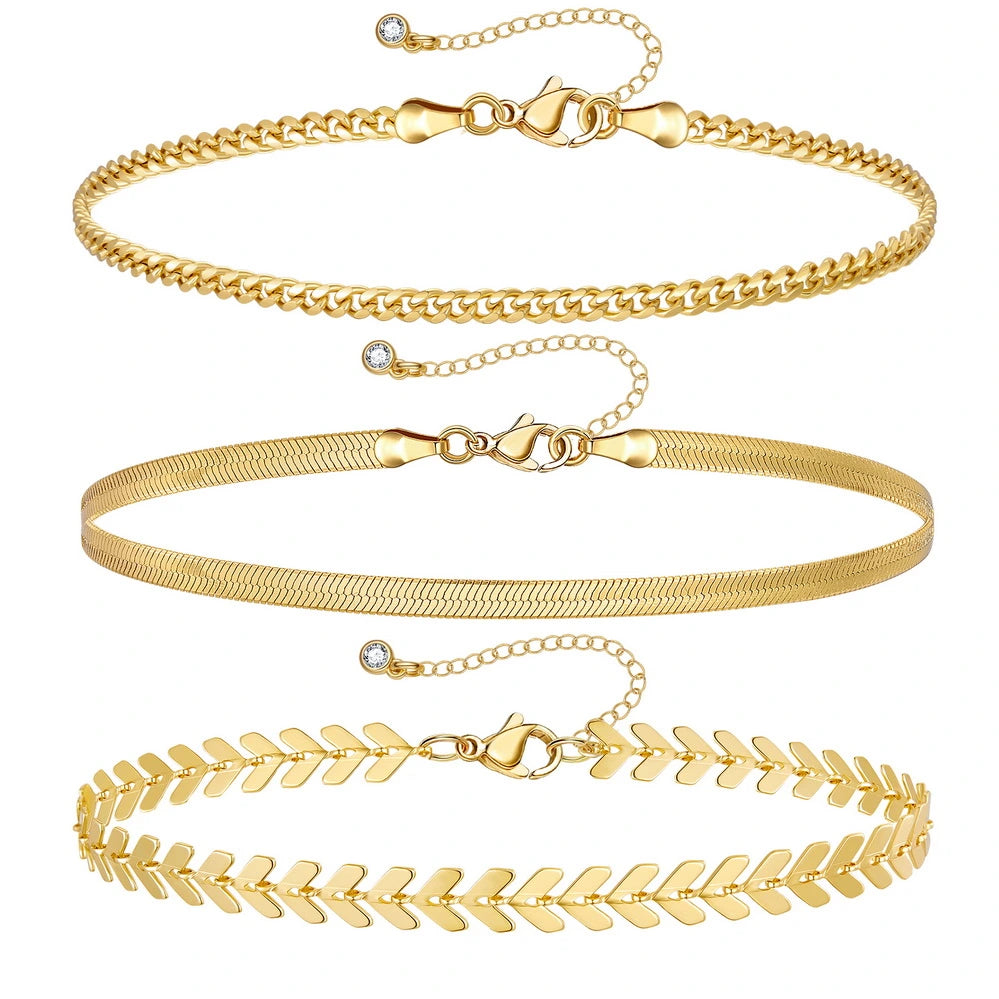 Ladies bracelets bridal essentials-Dainty 14k Gold Plated Layering Anklets Bracelets Set-Fishbone & 3mm Cuban & Snake