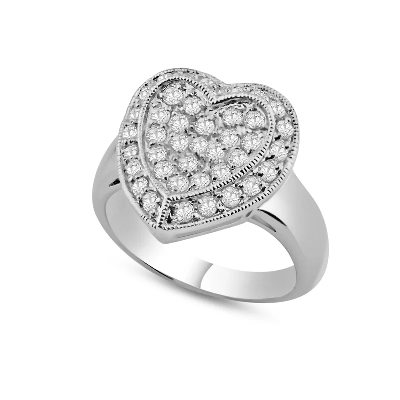 Ladies rings online shopping-Rhodium Plated 925 Sterling Silver Pave Set Clear CZ Solid Heart Ring - BGR00025