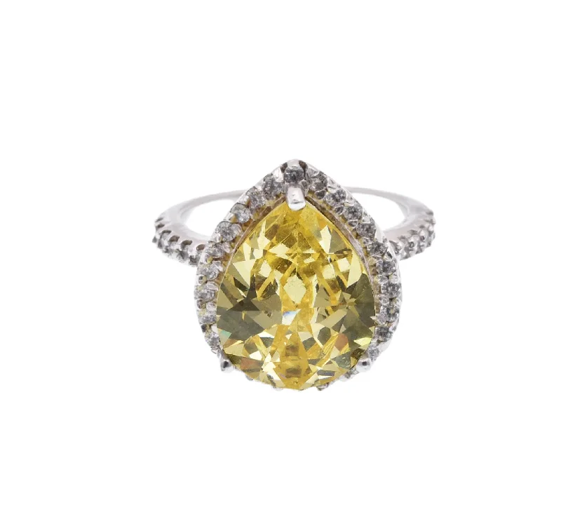 Ladies rings Asian designs-Silver 925 Rhodium Plated Yellow Center Clear Cluster CZ Ring - STR00386YEL