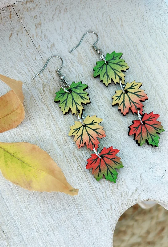 Ladies rings party wear-Beautiful Red, Yellow, and Green Wooden Maple Leaf Earrings