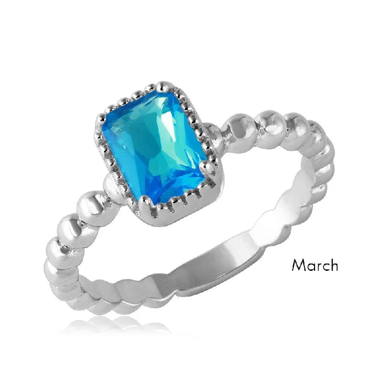 Ladies rings silver tones-March Sterling Silver 925 Rhodium Plated Beaded Shank Square Center Birthstone Ring - BGR01081MAR