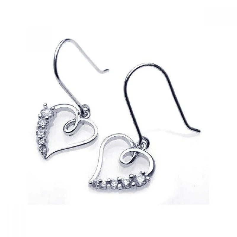 Ladies rings office elegance-Silver 925 Rhodium Plated Open Heart CZ Dangling Hook Earrings - BGE00086