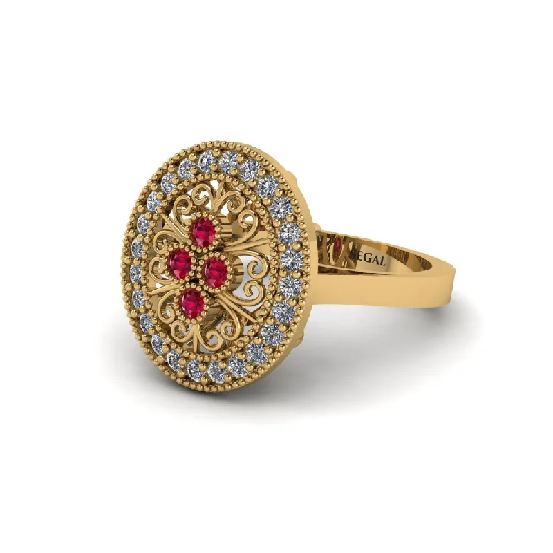 Ladies engagement rings natural stones-Ruby Vintage Victorian Floral Halo Engagement Ring - Nina No. 10