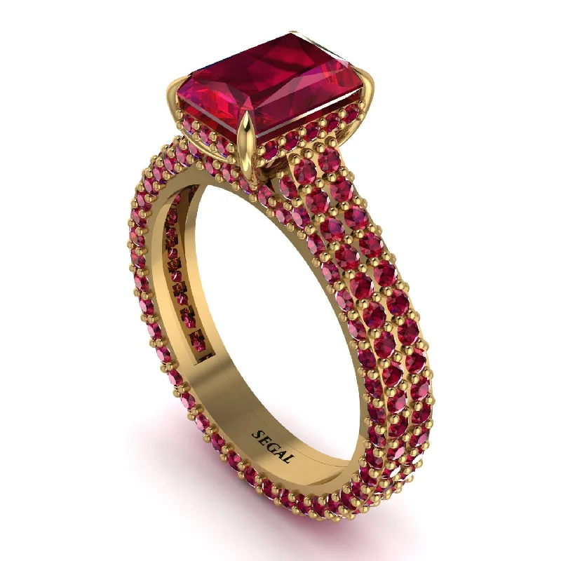 Ladies engagement rings matching pairs-Radiant Cut Ruby Pave Engagement Ring - Kenzie No. 55