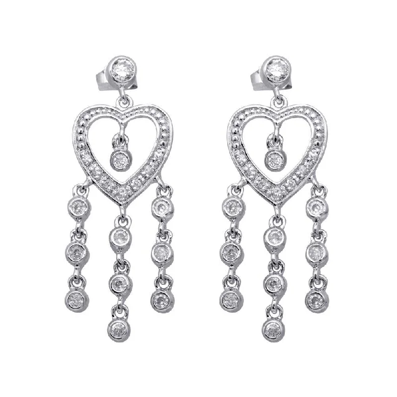 Ladies rings jade charms-Clearance-Silver 925 Rhodium Plated Heart CZ Three Strand Dangling Earrings - STE00169