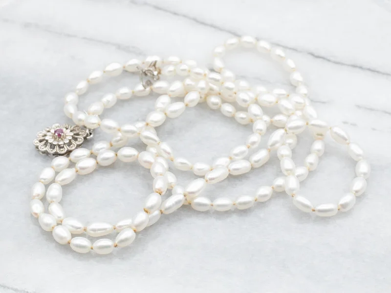 Freshwater Pearl Necklace with Ruby Clasp