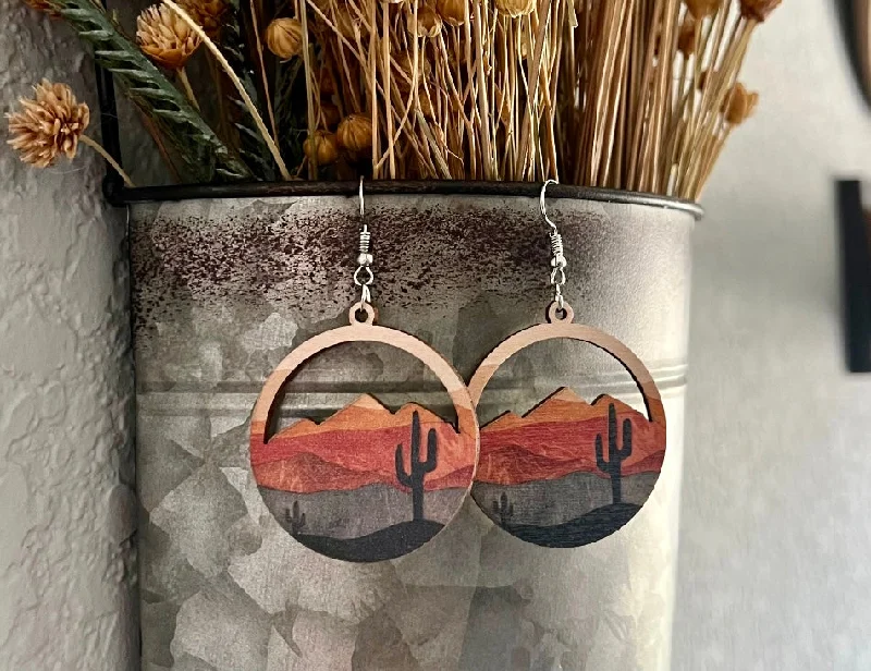 Ladies rings custom options-Round Wooden Desert Cactus Drop Earrings