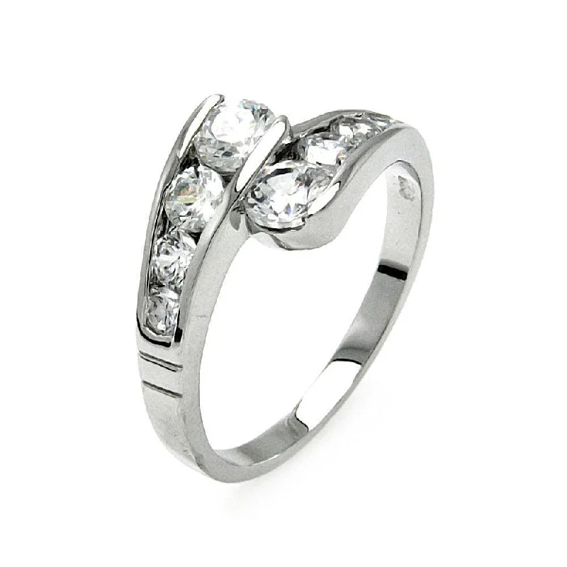 Ladies rings Asian designs-Silver 925 Rhodium Plated Clear Channel Set CZ Overlap Ring - BGR00558