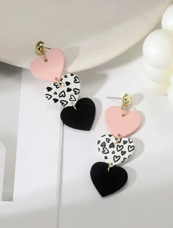 Ladies rings office elegance-Beautiful Light Pink, Black, and White Acrylic Heart Earrings