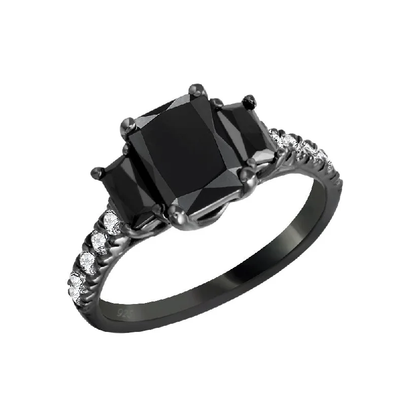 Ladies rings index finger-Black Rhodium Plated 925 Sterling Silver Black and Clear CZ Past Present Future Ring - ACR00003BLK