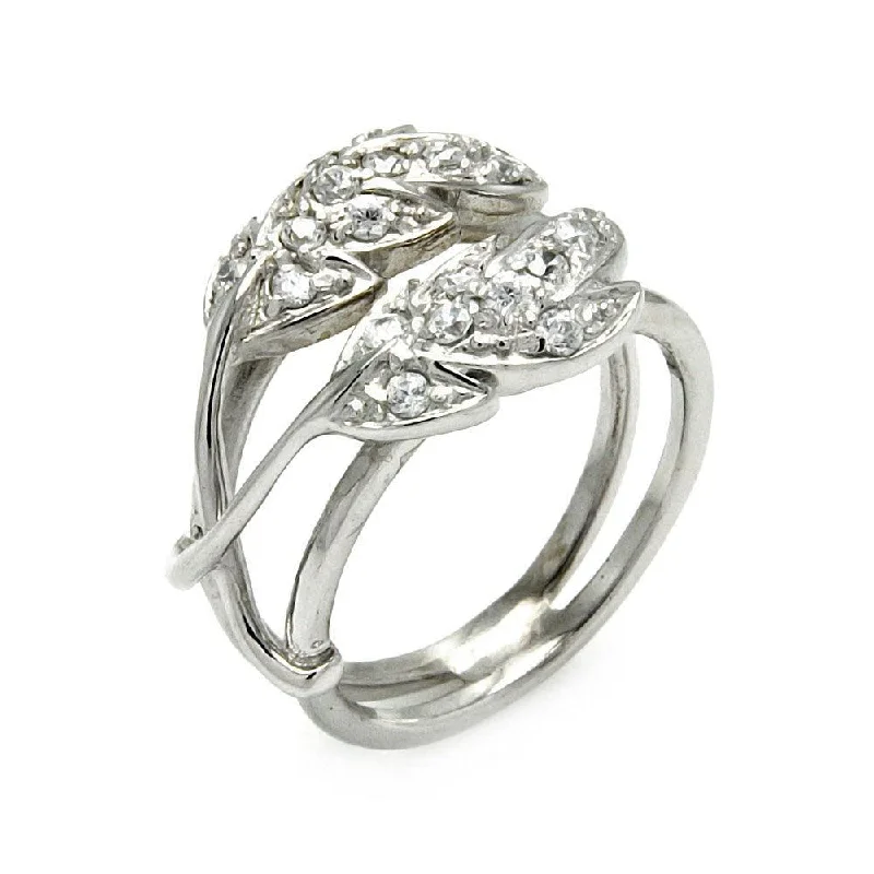 Ladies rings custom options-Clearance-Silver 925 Rhodium Plated CZ Double Leaf Ring - STR00282