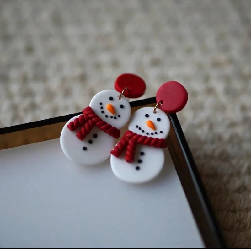 Ladies rings gift choices-Adorable Polymer Clay Snowman Stud Drop Earrings