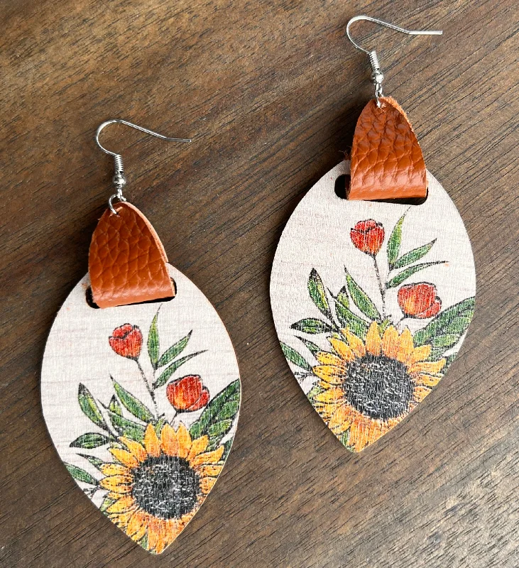 Ladies rings rose gold-Wooden Sunflower Earrings