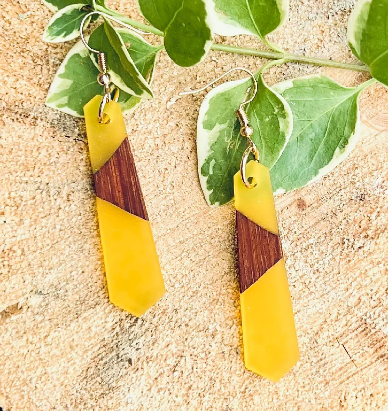 Ladies rings pure silver-Beautiful Wood and Yellow Resin Earrings