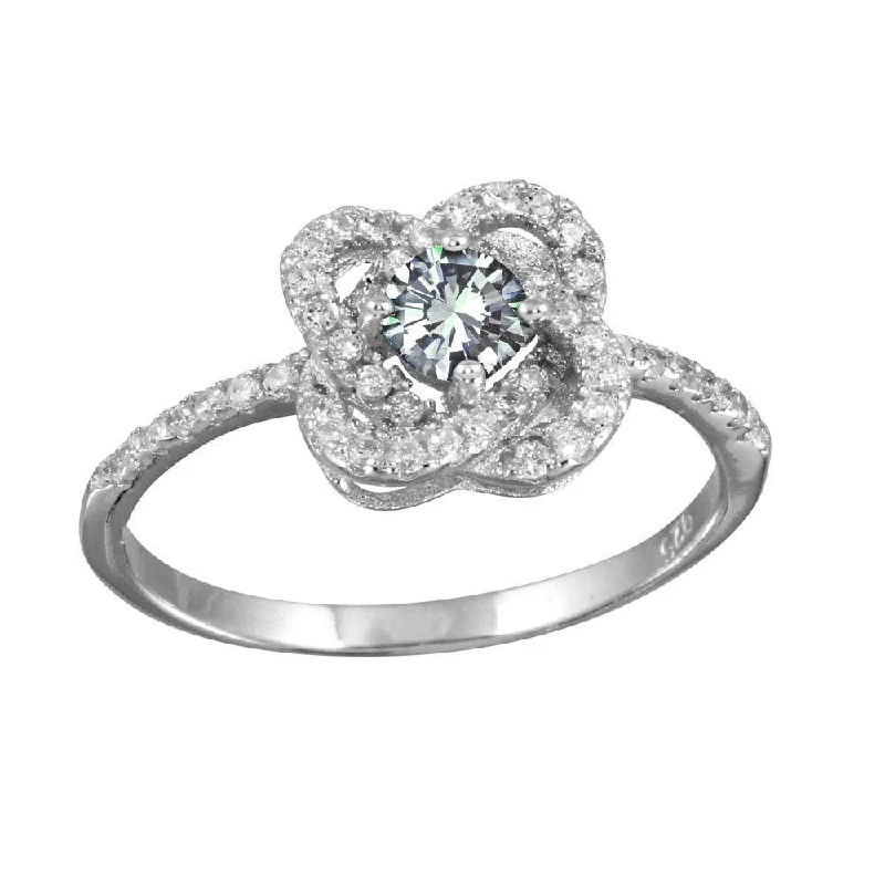 Ladies rings engagement picks-Rhodium Plated 925 Sterling Silver CZ Knot Clear Center Stone Ring - BGR01141CLR