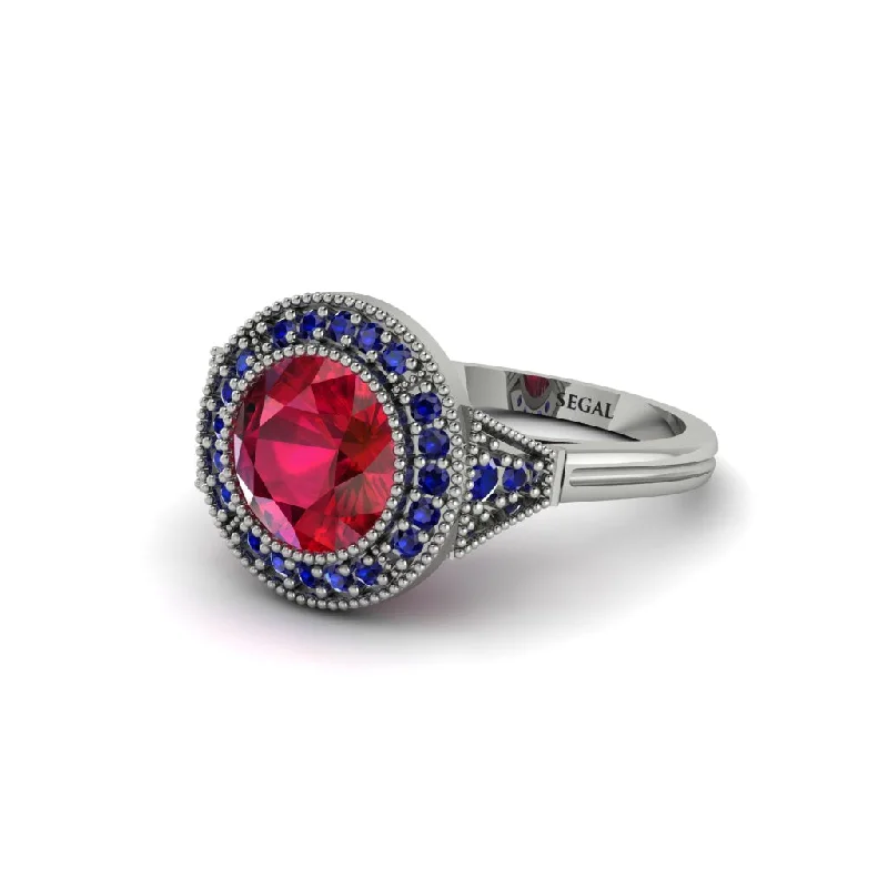 Ladies engagement rings personalized-Round Cut Ruby Milgrain Halo Engagement Ring - Maggie No. 72