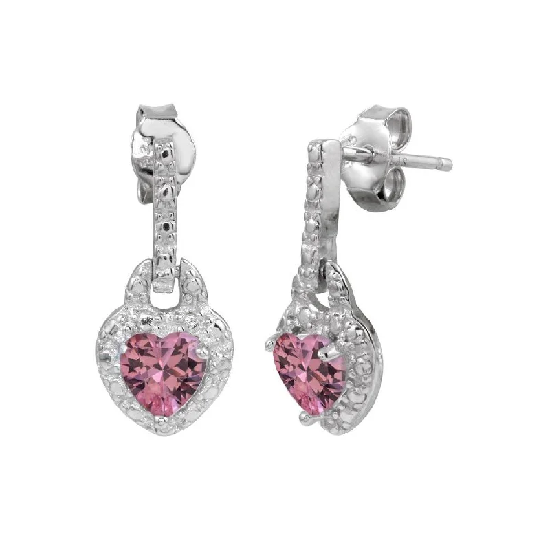 Ladies rings silver tones-Silver 925 Rhodium Plated Heart Shaped Pink CZ Dangling Earrings - STE00104PNK