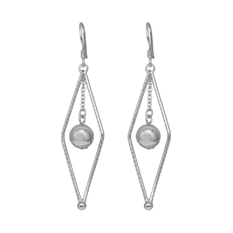 Ladies rings animal themes-Silver 925 Rhodium Plated Open Sharp Marquis Wire Dangling Center Ball Hook Earrings - DSE00043