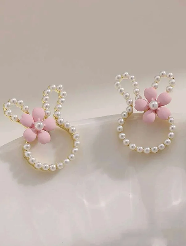 Ladies rings hypoallergenic-Easter Bunny Earrings with Pearls and a Pink Dainty Flower