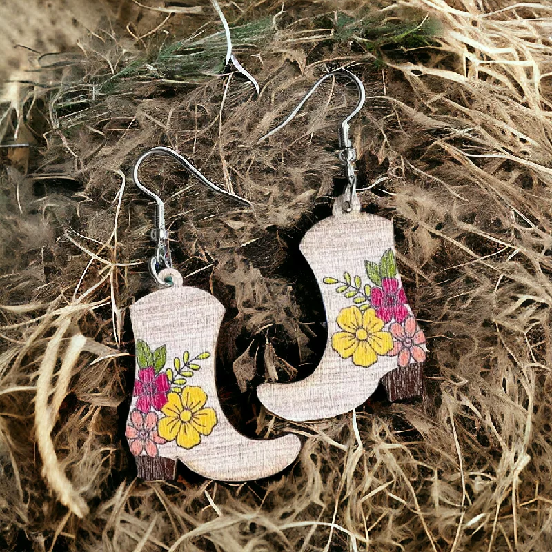 Ladies rings designer brands-Wooden Floral Cowboy Boot Drop Earrings