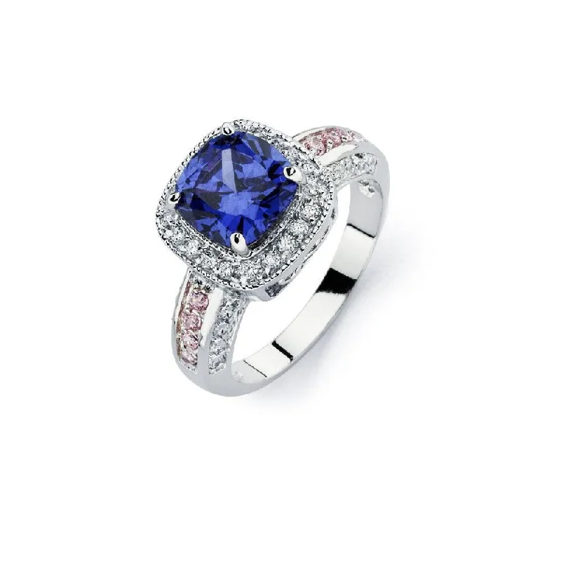 Ladies rings geometric shapes-Silver 925 Rhodium Plated Blue Square Center and Clear Cluster CZ Bridal Ring - BGR00746